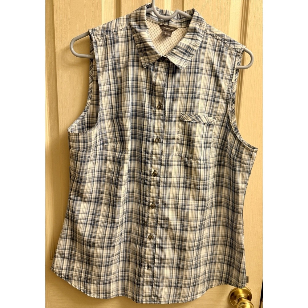 Eddie Bauer Blue‎ Plaid Sleeveless Collar Pocket Button Up Shirt Woman's Large